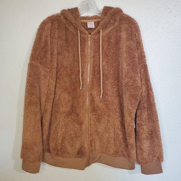 Brown Sherpa Zip up Hoodie Jacket NWT Women's Junior's XL Coat - Picture 2 of 9